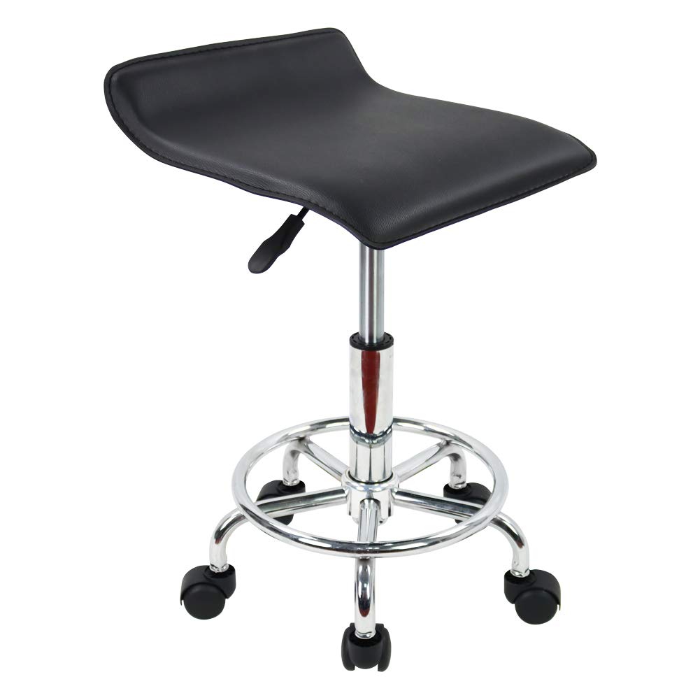 KKTONER Square Height Adjustable Rolling Stool with Foot Rest PU Leather Seat Cushion Medical Spa Drafting Salon Tattoo Work Swivel Office Stools Task Chair Black: Beauty