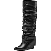 Uootopo Fold Over Boots for Women Slouched Wedge Heels Knee High Pointed Toe