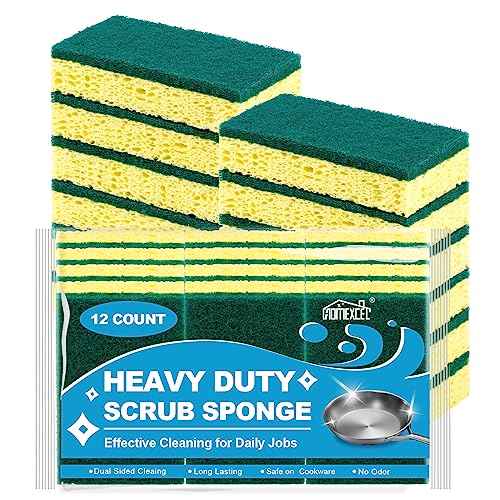 HOMEXCEL Heavy Duty Scrub Sponges Kitchen 12pcs,Dual Side Cleaning Dish Sponges for Non-Coated Cookware,Pocelain Bakeware and More