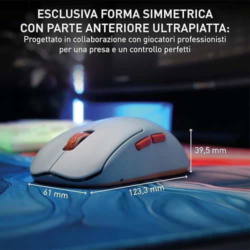M68 Wireless, Mouse Gaming Senza Fili Ultra-Leggero, 2,4 GHz RF, Ottimizzato per eSport, Forma Simmetrica con Parte Frontale Ultra-Bassa, Blu