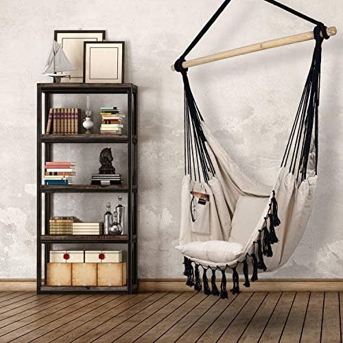 Hammock Chair | Hanging Rope Swing Seat for Indoor & Outdoor | Soft & Durable Cotton Canvas | 2 Cushions Included | Large Reading Chair with Pocket for Bedroom, Patio, Porch (Ivory & Black)