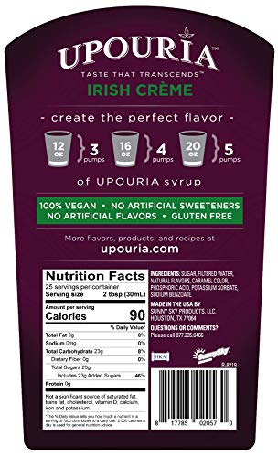 Upouria Coffee Syrup - Irish Creme Flavoring, 100% Gluten Free, Vegan, and Non Dairy, 750 mL Bottle - Coffee Syrup Pump Included