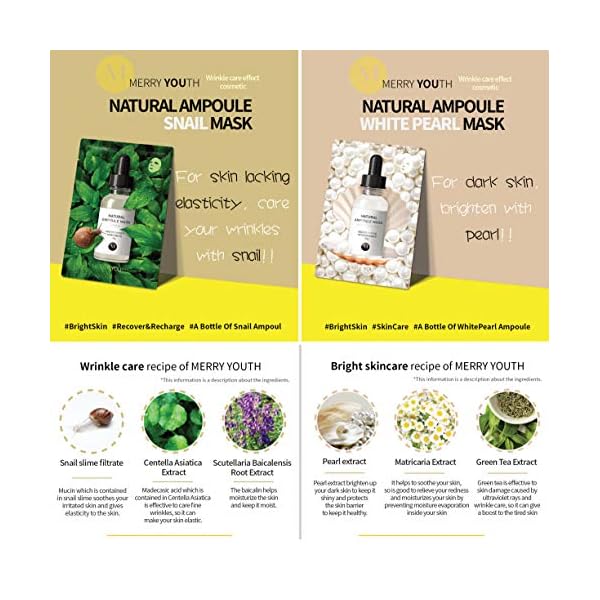 Korean Skin Care Face Mask Sheets - Natural Ampoule Masks set (pack of 6) - Snail, Collagen, Red Ginseng, White Pearl…