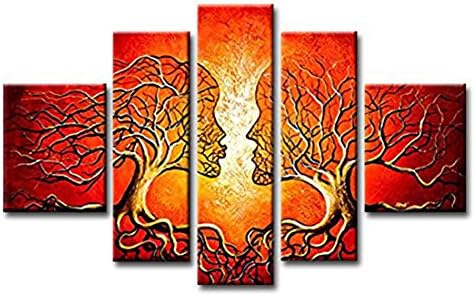 FLY SPRAY 5 Panels Framed Stretched 100% Hand Painted Oil Paintings Red Orange Trees Couple Lovers Kissing Modern Abstract Canvas Living Room Bedroom Office Wall Art Home Decor