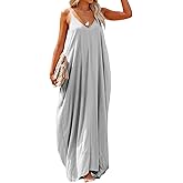 Poetsky Womens Casual Strappy V Neck Sleeveless Flowy Pockets Loose Long Maxi Beach Dress Sundress