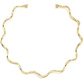 COOLSTEELANDBEYOND Gold Color Wave Choker Necklace for Women, Minimalist Open Collar Design, Modern Statement Jewelry