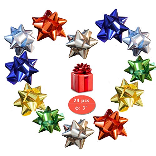 Christmas Wrapping Bow, elify Metallic Ribbon Star Bow 3" Inch Gift Bows, 24pcs Self Adhesive PP Plastic Confetti Bow, Med Size Assorted Color Decoration Holiday Wedding Birthday Presents Box Bows