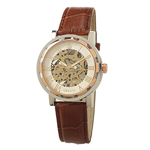MG.Orkina Rose Gold Dial Skeleton Luxury Style Men's Leather Band