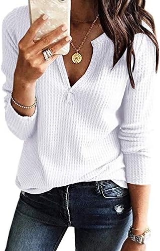Womens Long Sleeve V Neck Henley Shirts Waffle Knit Casual Loose Plain Pullover Jumpers