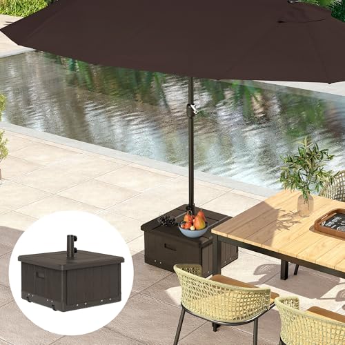 Outsunny 3-in-1 Outdoor Umbrella Base, Coffee End Table, Flower Box Planter with Drain Hole, Square Plastic 176lb Sand Fillable Patio Umbrella Stand Table w/Wheels, Handles, Brown