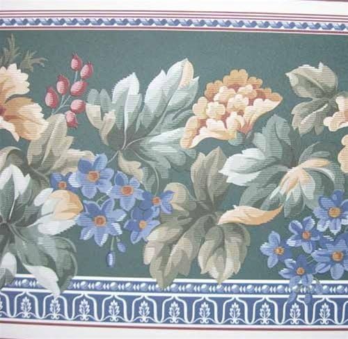 Traditional Flowers with Blue Scroll on Green Background Border