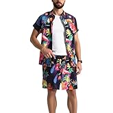 Men's Hawaiian 2 Piece Outfits Vacation Beach Print Short Sleeve Button Down Shirt and Shorts Set Party Holiday