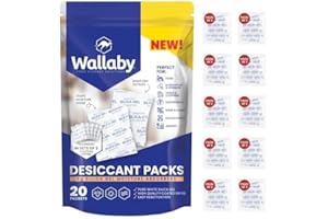 Wallaby 5 gram (20 Packets) Food Safe Pure White Silica Gel Desiccant Dehumidifier Packs - Rechargeable & Coated Moisture Abs