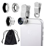Universal 3 in 1 Camera Lens Kit for Smart phones (including iPhone, Samsung Galaxy, HTC, Motorola and More), Tablets, iPad, and Laptops includes One Fish Eye Lens / One 2 in 1 Macro Lens and Wide Angle Lens / One Universal Clip / One Microfiber Carrying Bag / with Camkix® Retail Packaging (Silver)