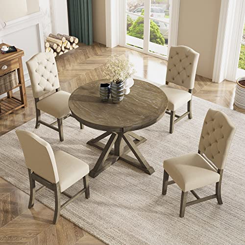 Photo 1 of Luxo Abode 5 Piece Functional Furniture Retro Style Dining Table Set with Extendable Table and 4 Upholstered Chairs for Dining Room, Living Room,Natural Wood Wash