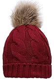 NEOSAN Women's Winter Ribbed Knit Faux Fur Pompoms Chunky Lined Beanie Hats Twist Burgundy