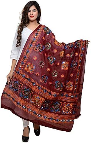 Banjara India Women's Cotton Embroidered Kutchi Dupatta Chakachak Maroon