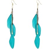 Bohemian Colorful Feather Earrings for Women Ethnic Retro Bohemian Long Chain Feather Earrings Vacation Handmade Vintage Multicolor Tassel Feather Earrings Lightweight Feather Drop Dangle Earrings Jewelry Gift (Turquoise)
