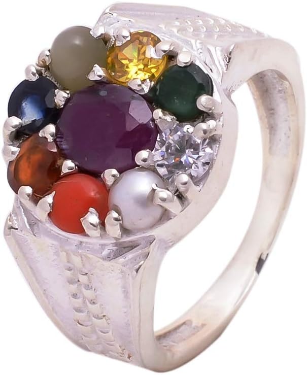 Sumitra Gems Sterling Silver Navratan Stone Ring for Women