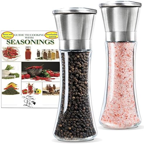 The Fine Life Salt and Pepper Mills and Spice Grinders with Adjustable Manual Ceramic Grinder - Bonus FREE ebook on Cooking with Seasonings - Stainless Steel, Glass - Tall Pair 7 inches