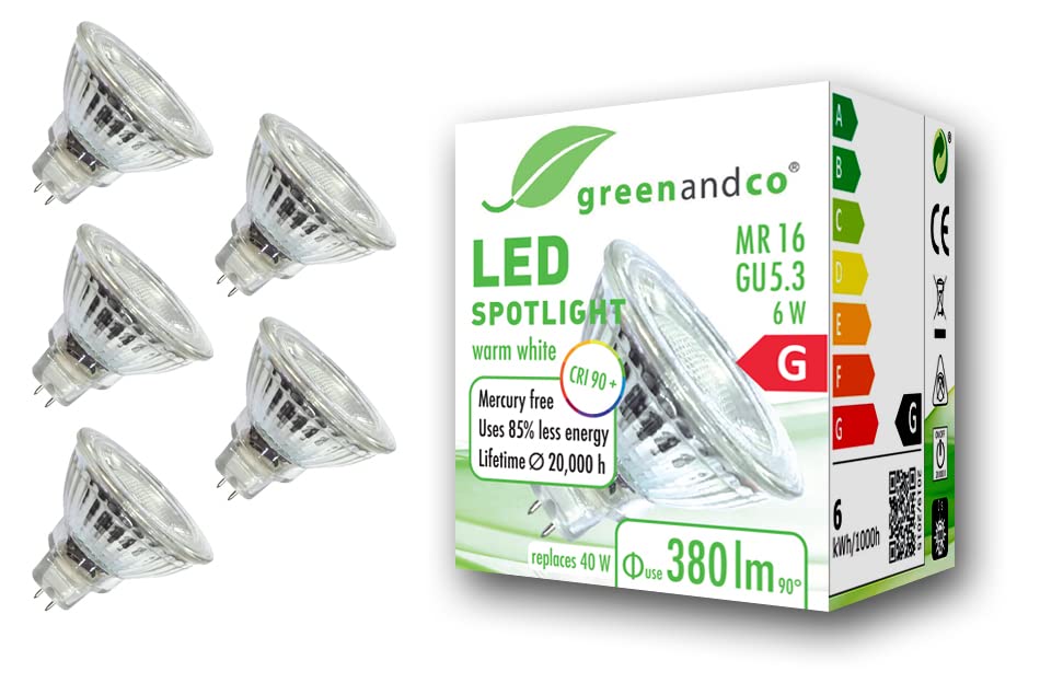 greenandco® CRI 90+ 3000K 36° LED spot Replaces 40 Watt GU5.3 MR16 Halogen Spotlight, 6W 380 Lumen Warm White 12V AC/DC, not dimmable, 5-Pack — image 1