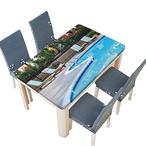 PINAFORE Spillproof Fabric Tablecloth Beautiful Swimming Pool Surrounded by Chairs and Flowers for Picnic,Outdoor or Indoor Party use W61 x L100 INCH (Elastic Edge)