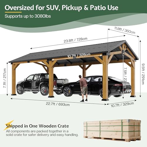 Jocisland 12'x24' Cedar Wood Hardtop Gazebo with Steel Roof, Waterproof Outdoor Carport Pavilion, Heavy-Duty Snow & Wind Resistant Canopy for Patio, Driveway, Garden