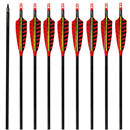 MS Jumpper Hunting Carbon Arrows 340 Spine with Real Feathers and Field Points for Archery Shooting (Pack of 6)