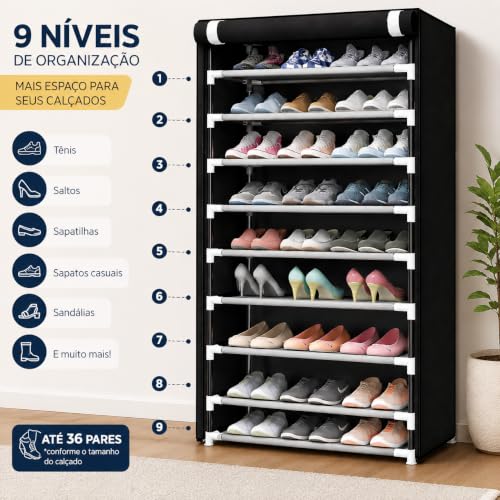 Sapateira Desmontável Preta 9 Prateleiras Organizador de Sapatos