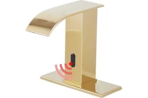 YBlucklly Automatic Sensor Touchless Bathroom Sink Faucet DC Powered Sensor Hands Free Bathroom Tap Gold Vanity Faucets with Hole Cover Plate with Control Box and Temperature Mixer