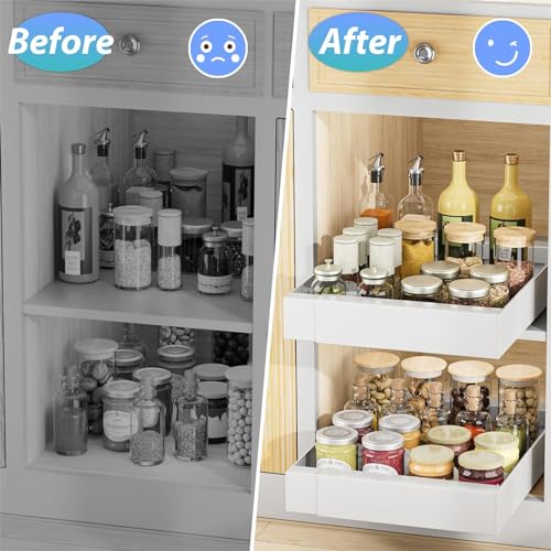 Fohome Expandable Pull out Cabinet Organizer, Expandable Sliding Pull Out Drawers White, Slide out Cabinet Organizer Drawer Storage for Kitchen, Living Room, Home, Adjustable Width 32cm to 52 cm White