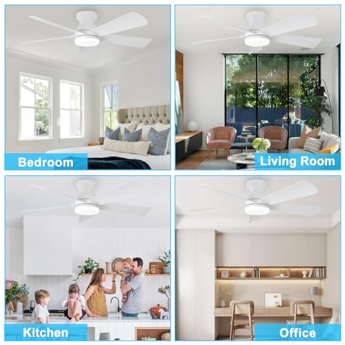 Depuley Modern Ceiling Fan with Light: Small 42 inch White Fan - Dimmable Ceiling Fan with Remote Control 5 Reversible White Blades 6 Speeds Timer