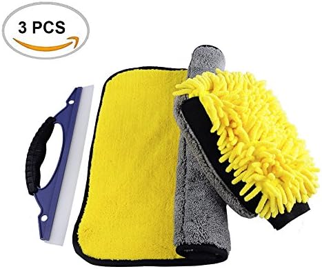 Car Cleaning Supplies 3-Pack Thick Chenille Microfiber Premium Car Wash Mitt and Detailing Towels,Silicone Water Blade Squeegee -Santiger