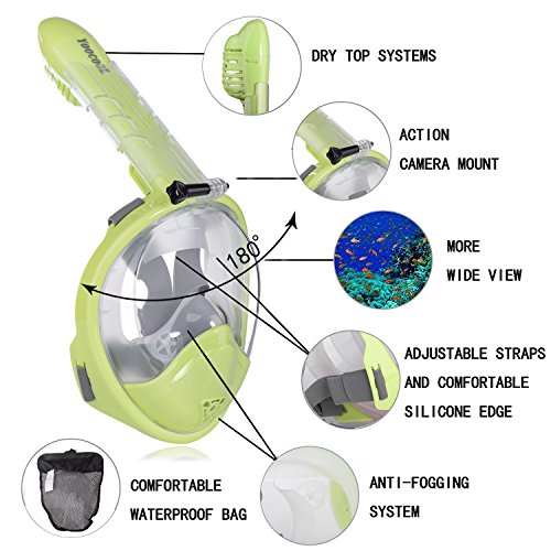 YOOCOOL Full Face Snorkel Mask Foldable 180° Panoramic View Diving Scuba Mask Free Breathing Full Face Snorkeling Mask with Waterproof Phone Bag (Kids Green, Extra Small) - Thumbnail 2