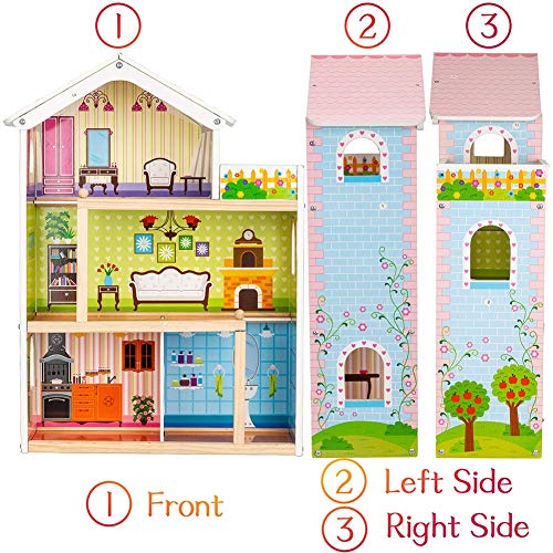 cossy Wooden Doll House with 12 Pieces of Furniture, 3 Levels House with 4 Rooms and Accessories - Thumbnail 3