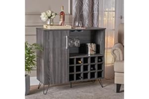 LOPOO Dining Room Wine Rack Storage, Farmhouse Industrial, Coffee Bar, Kitchen Sideboard Buffet, Glass Holder and Drawers, Corner Liquor Cabinet for Home, Grey