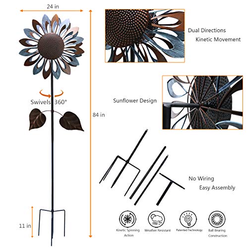 hourflik Sunflower Wind Spinners with Stake Metal Outdoor Copper Garden Spinner with