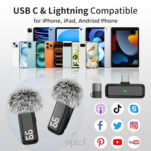 NPTCL Wireless Lavalier Microphone for iPhone iPad Android, USB C Mini Mic | 24H Charging Case, Digital Charge Display, Noise Reduction for Content Creator Video Recording Vlog Podcast YouTube TikTok