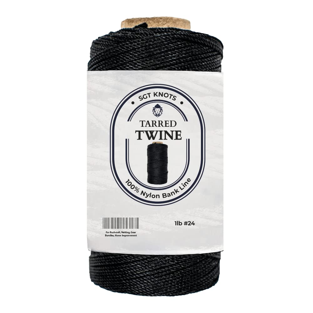 SGT KNOTS Tarred Twine - 100% Nylon Bank Line for Bushcraft, Netting, Gear Bundles, Construction, Lacing Twisted Cord, Weatherproof #24-1 lb