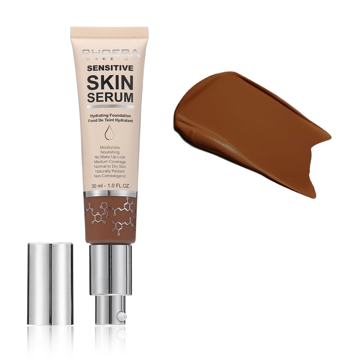 PHOERA Hydrating Serum Foundation – Hyaluronic Acid, Niacinamide, Tea Tree Oil, Allantoin & Vitamin E – Medium Coverage, 12HR Hydration Makeup – Lightweight for Dry & Sensitive Skin Vegan (MOCHA)