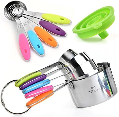 Stainless Steel Measuring Cups and Measuring Spoons Set – Silicone Handles, Engraved US & Metric Measurements – Dishwasher Safe Cooking and Baking Kitchen Gadgets + FREE Collapsible Funnel by TPQ Life