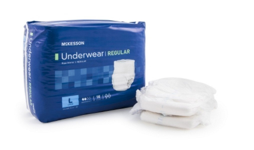 McKesson Disposable Adult Absorbent Underwear, Regular Pull On, Size Large, Moderate Absorbency. 1 Package containing 4 Packs of 18 Diapers Each. 72 Total.