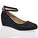 V-Luxury Womens 36-BOBBY12 Round Toe Med Heel Wedge Pump Shoe, Black Rhinestone