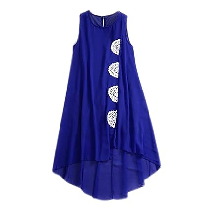 Andouy Damen Tank Top Spitze Blume Chiffon Ärmellose Tunika Lose Lange Leibchen Gr.36-44 Minikleid Bluse