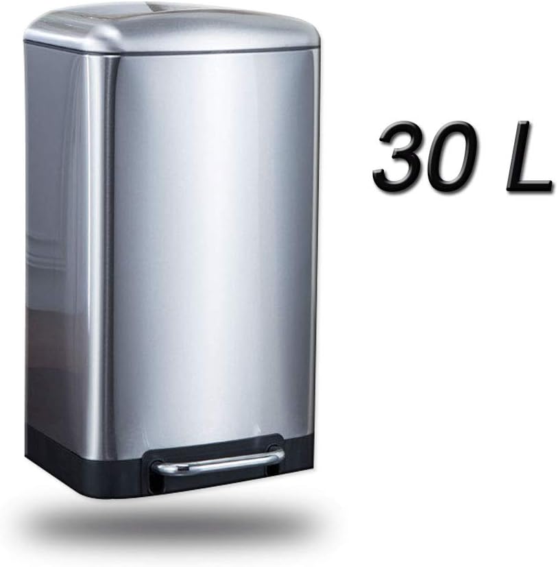 NaDrn Stainless Steel Bin, Trash Can with Lid Stainless Steel Bin anit-Finger Print Proof Waste Bin with Pedal and Inner Bucket, Rectangle Soft-Close Rubbish Can,30L