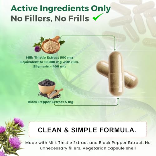 Milk Thistle High Strength 10000mg | 400mg Silymarin per Capsule | 90-Day Supply | with Black Pepper | Vegan Herbal Food Supplement | Lab Tested