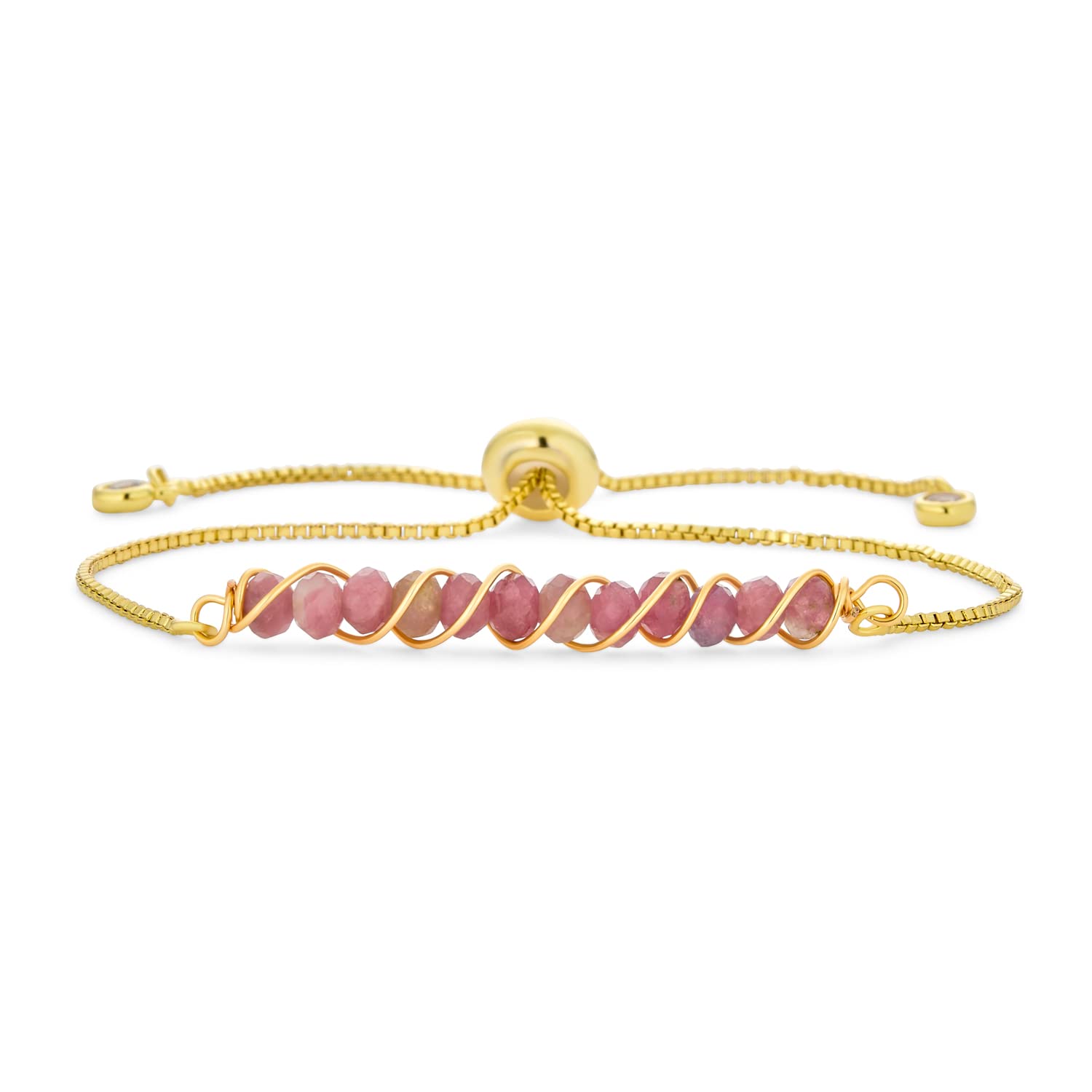 Fashion Gemstone Bar ID Style Hand Wire Twisted Pink Tourmaline Bolo Bracelet Western Jewelry For Women Teens Gold Plated Brass Chain Adjustable