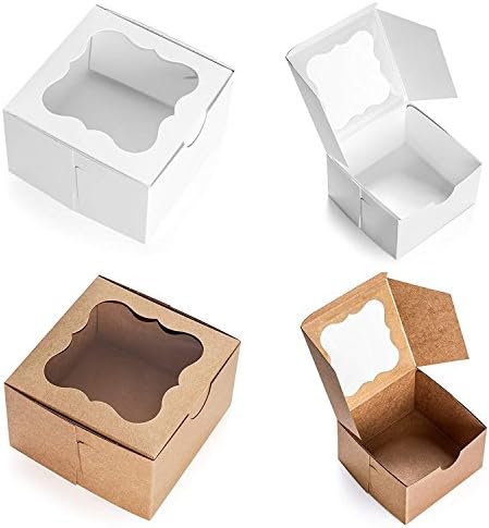 25 Pack Brown Bakery Box with Window 4x4x2.5 inch - Eco-Friendly Paper Board Cardboard Gift Packaging Boxes for Pastries, Cookies, Small Cakes, Pie, Cupcakes, and More - by California Containers