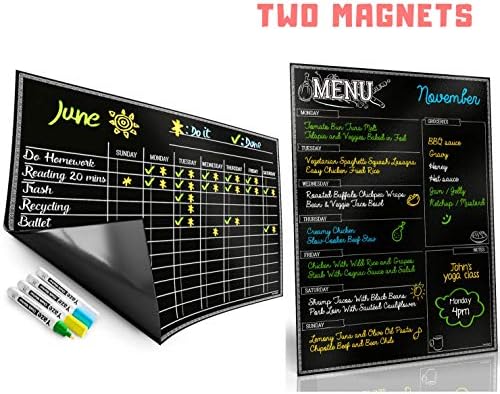 Magnetic Chore Chart & Menu Board for Refrigerator - 2 Magnets with Neon Chalk Markers - 17X12" Fridge Chalkboard