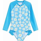 LIZENS Girls' One-Piece Swimwear Rash Guard Swimsuit Zipper Bathing Suits Long Sleeve Ruffle Girl Full Cover Flower Print